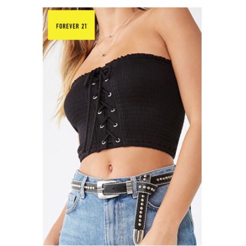 NWOT FOREVER 21 Black Smocked Lace-up Tube Top